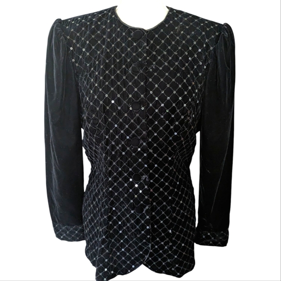 Vintage Scott McClintock Sportswear Velvet Sequin Black Jacket SZ 12 Poof Sleeve - Picture 1 of 9
